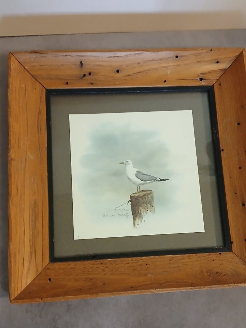 Vintage Elnor Hilty Watercolor Print Seagull in Rustic Frame Signed